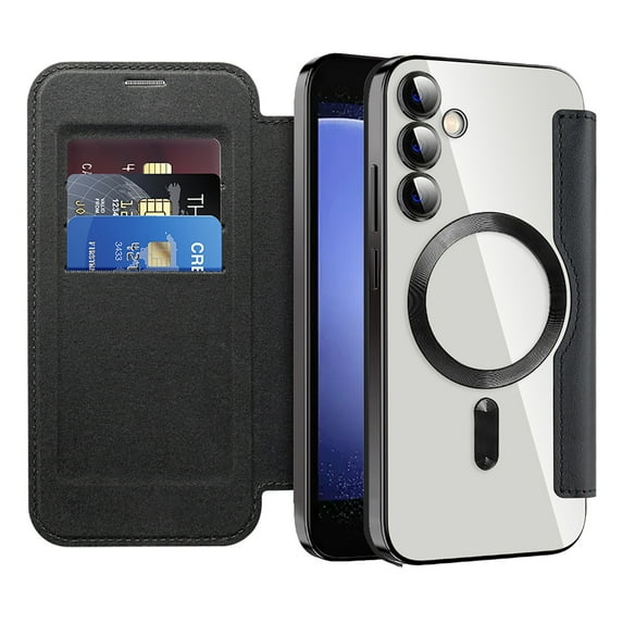 Nalacover Case for Samsung Galaxy S23 FE,Compatible with MagSafe Charging,Wallet Cover with RFID Blocking Card Slots,Shockproof PU Leather Magnetic Closure Folio Plating Clear Phone Case,Black