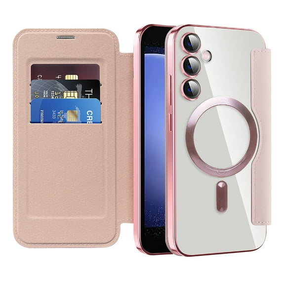 Nalacover Case for Samsung Galaxy S23 FE,Compatible with MagSafe Charging,Wallet Cover with RFID Blocking Card Slots,Shockproof PU Leather Magnetic Closure Folio Plating Clear Phone Case,Pink