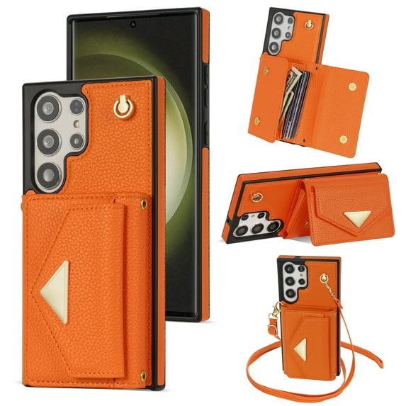 Nalacover Case for Samsung Galaxy S23 Ultra, Crossbody Wallet Case with Card Slots Holder, PU Leather Lanyard Shoulder Strap Purse Cover with Kickstand Shockproof Case, Orange