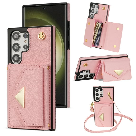 Nalacover Case for Samsung Galaxy S23 Ultra, Crossbody Wallet Case with Card Slots Holder, PU Leather Lanyard Shoulder Strap Purse Cover with Kickstand Shockproof Case, Pink