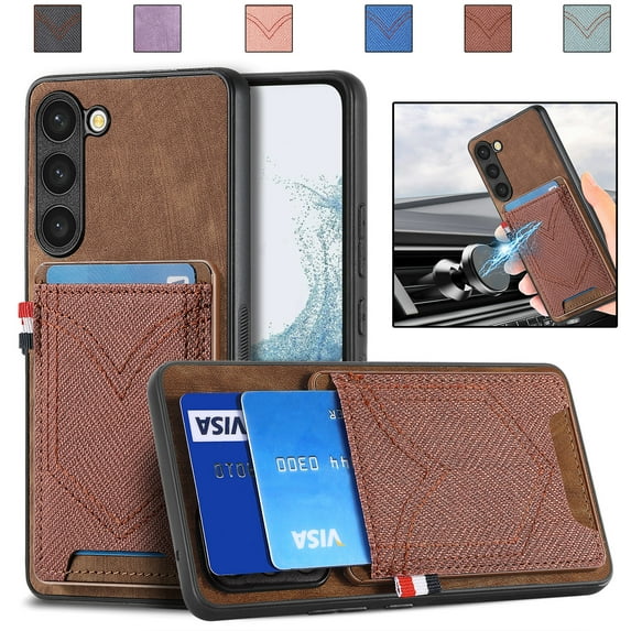 Nalacover Case for Samsung Galaxy S24 Plus Back Card Slots Wallet Case, Vintage Denim Pattern PU Leather Magnet Car Mount Cover, Full Edge Protection Anti-Drop Shockproof Case, Brown