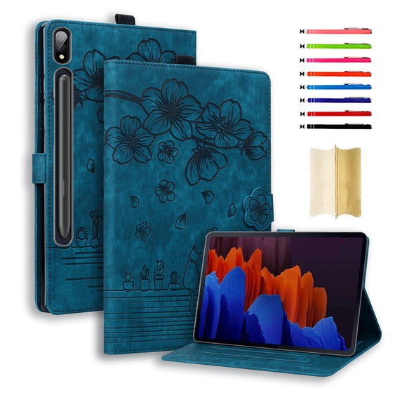 Nalacover Case for Samsung Galaxy Tab S8 Ultra 14.6" 2022, Flower Embossed Pattern PU Leather Flip Cover with Card Slots Holder Auto Wake/Sleep Kickstand TPU Shockproof Case, Blue