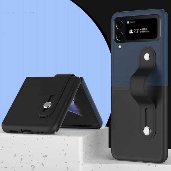 Nalacover Case for Samsung Galaxy Z Flip3 with Adjustable Wristband Kickstand, Rugged PC Premium PU Leather Hand Strap Slim Shockproof Cover for Samsung Galaxy Z Flip3 Women Girls,Black + Deep Blue