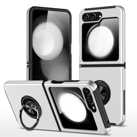 Nalacover Case for Samsung Galaxy Z Flip5 Magnetic Ring Holder Kickstand Cover, Heavy Duty Rugged PC + TPU Shockproof Lens Protection Phone Case for Samsung Galaxy Z Flip5, Silver