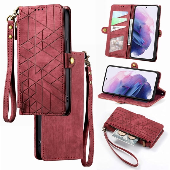 Nalacover Case for Samsung S20 FE, with RFID Blocking Card Slot Holder, Magnetic Flip Folio Purse Case, PU Leather Zipper Handbag with Detachable Lanyard Strap for Samsung Galaxy S20 FE, Red