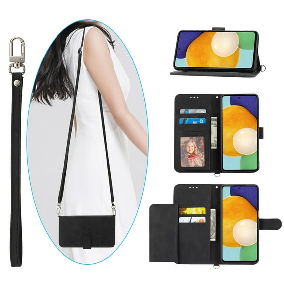 Nalacover Case for Samsung S21 FE, PU Leather Wallet Phone Crossbody Flip Case with Credit Card Holder and Shoulder Wrist Strap Magnetic Stand Shockproof Cover for Samsung Galaxy S21 FE, Black