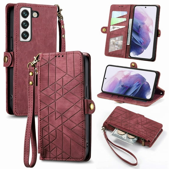 Nalacover Case for Samsung S21 FE, with RFID Blocking Card Slot Holder, Magnetic Flip Folio Purse Case, PU Leather Zipper Handbag with Detachable Lanyard Strap for Samsung Galaxy S21 FE, Red