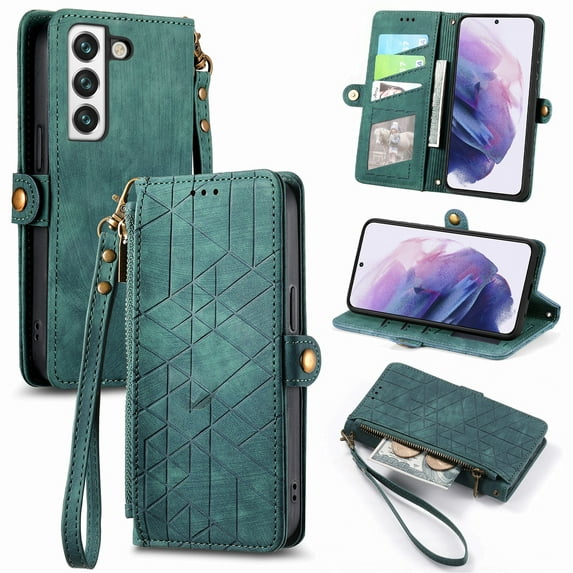 Nalacover Case for Samsung S21 FE, with RFID Blocking Card Slot Holder, Magnetic Flip Folio Purse Case, PU Leather Zipper Handbag with Detachable Lanyard Strap for Samsung Galaxy S21 FE, Green