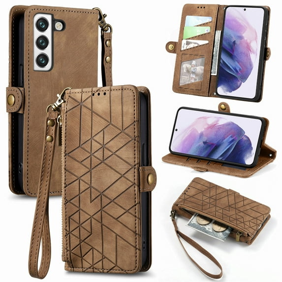 Nalacover Case for Samsung S21 FE, with RFID Blocking Card Slot Holder, Magnetic Flip Folio Purse Case, PU Leather Zipper Handbag with Detachable Lanyard Strap for Samsung Galaxy S21 FE, Brown