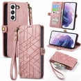 thumbnail image 1 of Nalacover Case for Samsung S21, with RFID Blocking Card Slot Holder, Magnetic Flip Folio Purse Case, PU Leather Zipper Handbag with Detachable Lanyard Strap for Samsung Galaxy S21, Pink, 1 of 12
