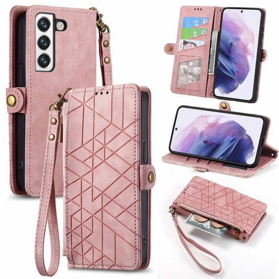 Nalacover Case for Samsung S21, with RFID Blocking Card Slot Holder, Magnetic Flip Folio Purse Case, PU Leather Zipper Handbag with Detachable Lanyard Strap for Samsung Galaxy S21, Pink