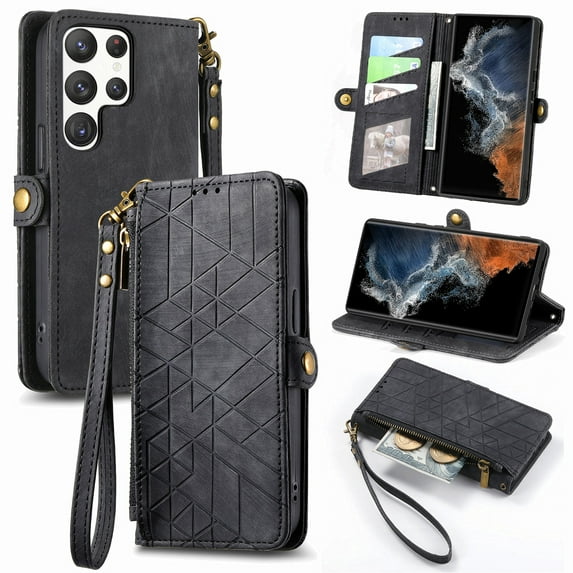 Nalacover Case for Samsung S21 Ultra, with RFID Blocking Card Slot Holder, Magnetic Flip Folio Purse Case, PU Leather Zipper Handbag with Detachable Lanyard Strap for Samsung Galaxy S21 Ultra, Black