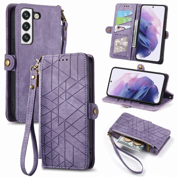 Nalacover Case for Samsung S22 Plus, with RFID Blocking Card Slot Holder, Magnetic Flip Folio Purse Case, PU Leather Zipper Handbag with Detachable Lanyard Strap for Samsung Galaxy S22 Plus, Purple