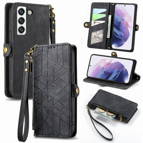 Nalacover Case for Samsung S22 Plus, with RFID Blocking Card Slot Holder, Magnetic Flip Folio Purse Case, PU Leather Zipper Handbag with Detachable Lanyard Strap for Samsung Galaxy S22 Plus, Black