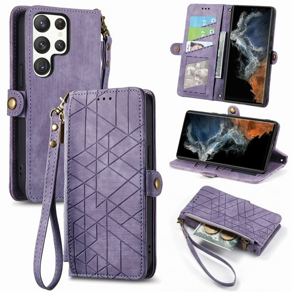 Nalacover Case for Samsung S23 Ultra, with RFID Blocking Card Slot Holder, Magnetic Flip Folio Purse Case, PU Leather Zipper Handbag with Detachable Lanyard Strap for Samsung Galaxy S23 Ultra, Purple
