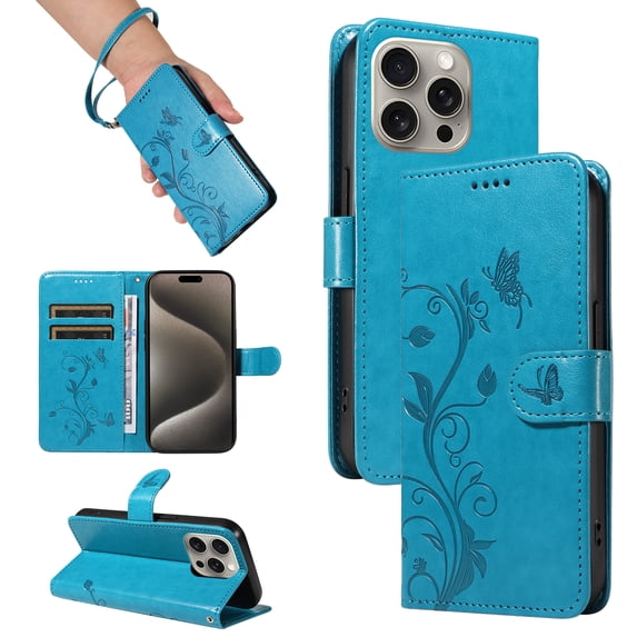 Nalacover Case Wallet for iPhone 11 Pro Max with Card Slots, Embossed Pattern PU Leather Phone Case for iPhone 11 Pro Max Kickstand Flip Cover Detachable Wrist Strap Magnetic Closure Folio Case, Blue