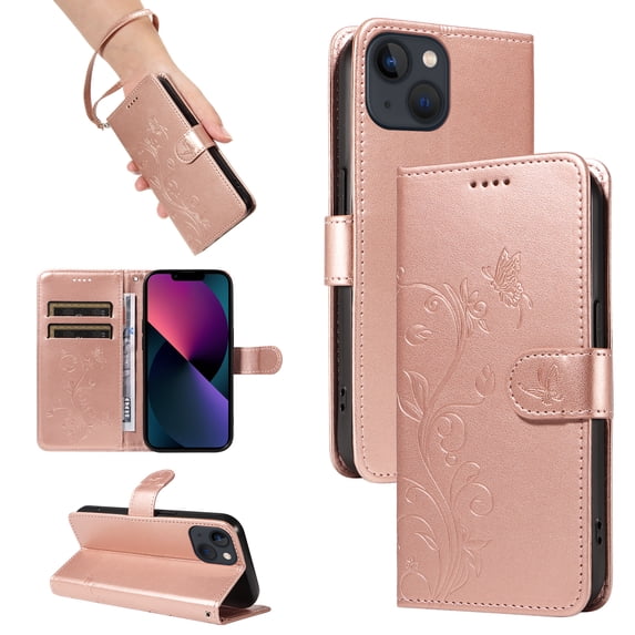 Nalacover Case Wallet for iPhone 12 Mini with Card Slots, Embossed Pattern PU Leather Phone Case for iPhone 12 Mini Kickstand Flip Cover Detachable Wrist Strap Magnetic Closure Case, Rosegold