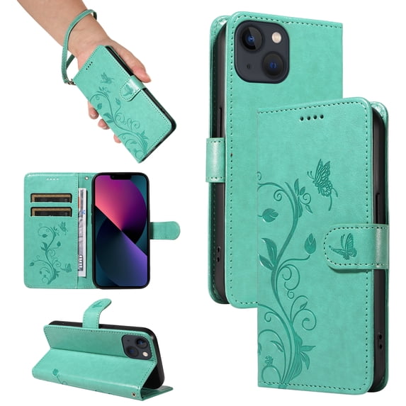 Nalacover Case Wallet for iPhone 12 Mini with Card Slots, Embossed Pattern PU Leather Phone Case for iPhone 12 Mini Kickstand Flip Cover Detachable Wrist Strap Magnetic Closure Folio Case, Green