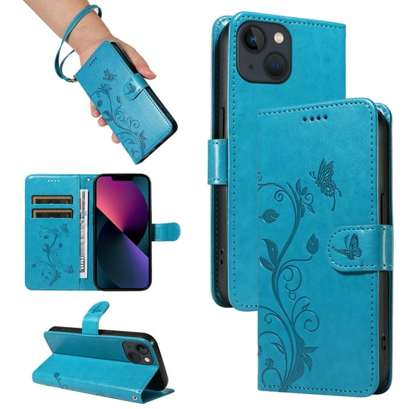 Nalacover Case Wallet for iPhone 12 Mini with Card Slots, Embossed Pattern PU Leather Phone Case for iPhone 12 Mini Kickstand Flip Cover Detachable Wrist Strap Magnetic Closure Folio Case, Blue