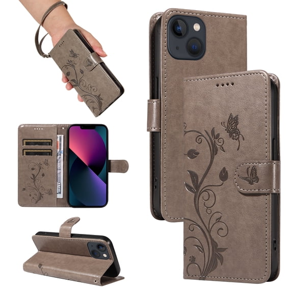 Nalacover Case Wallet for iPhone 12 Mini with Card Slots, Embossed Pattern PU Leather Phone Case for iPhone 12 Mini Kickstand Flip Cover Detachable Wrist Strap Magnetic Closure Folio Case, Grey