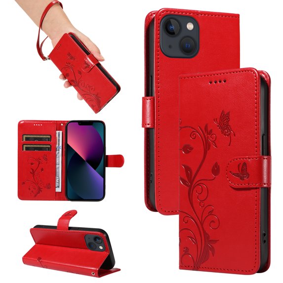 Nalacover Case Wallet for iPhone 12 Mini with Card Slots, Embossed Pattern PU Leather Phone Case for iPhone 12 Mini Kickstand Flip Cover Detachable Wrist Strap Magnetic Closure Folio Case, Red