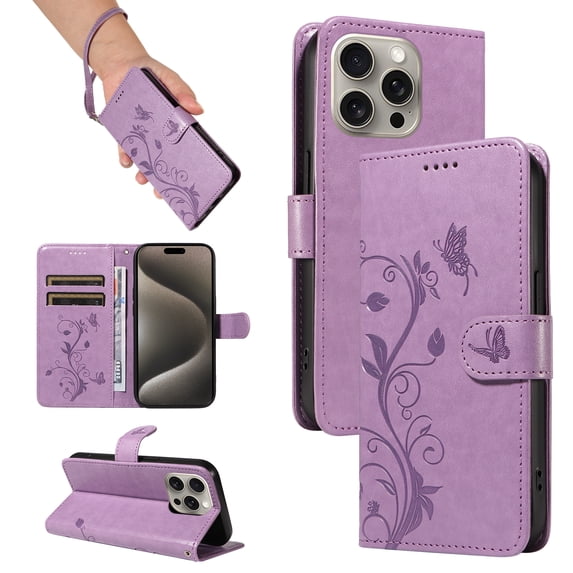 Nalacover Case Wallet for iPhone 12 Pro / iPhone 12 6.1" with Card Slots, Embossed Pattern PU Leather Phone Case Kickstand Flip Cover Detachable Wrist Strap Magnetic Closure Case, Purple