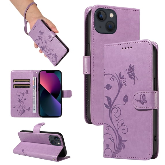 Nalacover Case Wallet for iPhone 13 Mini with Card Slots, Embossed Pattern PU Leather Phone Case for iPhone 13 Mini Kickstand Flip Cover Detachable Wrist Strap Magnetic Closure Folio Case,Purple