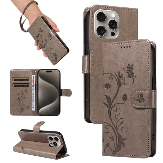 Nalacover Case Wallet for iPhone 13 Pro with Card Slots, Embossed Pattern PU Leather Phone Case for iPhone 13 Pro Kickstand Flip Cover Detachable Wrist Strap Magnetic Closure Folio Case, Grey