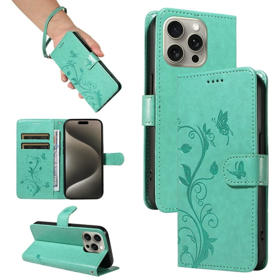 Nalacover Case Wallet for iPhone 13 Pro Max with Card Slots, Embossed Pattern PU Leather Phone Case for iPhone 13 Pro Max Kickstand Flip Cover Detachable Wrist Strap Magnetic Closure Folio Case, Green