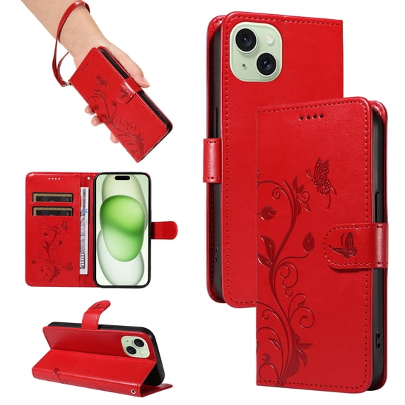 Nalacover Case Wallet for iPhone 14 with Card Slots, Embossed Pattern PU Leather Phone Case for iPhone 14 Kickstand Flip Cover Detachable Wrist Strap Magnetic Closure Folio Case, Red