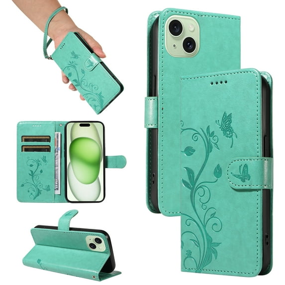 Nalacover Case Wallet for iPhone 14 with Card Slots, Embossed Pattern PU Leather Phone Case for iPhone 14 Kickstand Flip Cover Detachable Wrist Strap Magnetic Closure Folio Case, Green