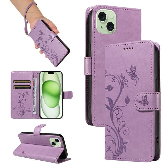 Nalacover Case Wallet for iPhone 14 Plus with Card Slots, Embossed Pattern PU Leather Phone Case for iPhone 14 Plus Kickstand Flip Cover Detachable Wrist Strap Magnetic Closure Folio Case,Purple