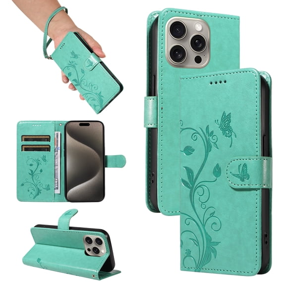 Nalacover Case Wallet for iPhone 14 Pro with Card Slots, Embossed Pattern PU Leather Phone Case for iPhone 14 Pro Kickstand Flip Cover Detachable Wrist Strap Magnetic Closure Folio Case, Green