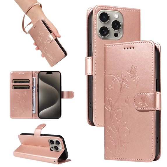 Nalacover Case Wallet for iPhone 14 Pro with Card Slots, Embossed Pattern PU Leather Phone Case for iPhone 14 Pro Kickstand Flip Cover Detachable Wrist Strap Magnetic Closure Case, Rosegold