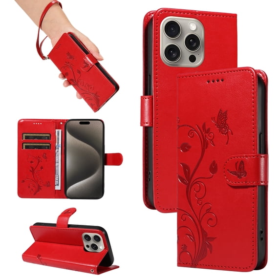 Nalacover Case Wallet for iPhone 14 Pro Max with Card Slots, Embossed Pattern PU Leather Phone Case for iPhone 14 Pro Max Kickstand Flip Cover Detachable Wrist Strap Magnetic Closure Folio Case, Red