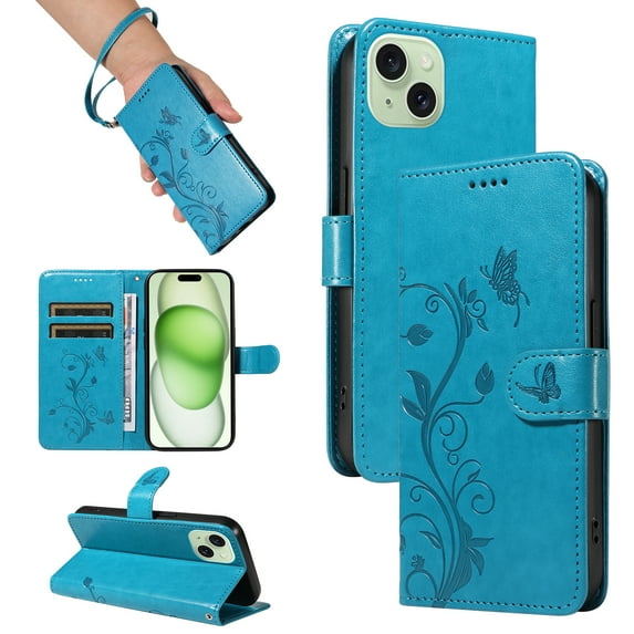 Nalacover Case Wallet for iPhone 15 with Card Slots, Embossed Pattern PU Leather Phone Case for iPhone 15 Kickstand Flip Cover Detachable Wrist Strap Magnetic Closure Folio Case, Blue
