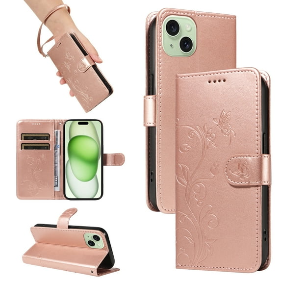 Nalacover Case Wallet for iPhone 15 with Card Slots, Embossed Pattern PU Leather Phone Case for iPhone 15 Kickstand Flip Cover Detachable Wrist Strap Magnetic Closure Case, Rosegold