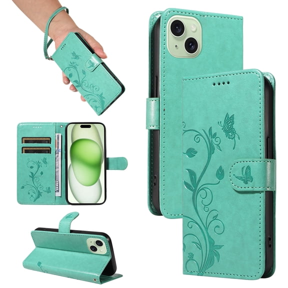 Nalacover Case Wallet for iPhone 15 Plus with Card Slots, Embossed Pattern PU Leather Phone Case for iPhone 15 Plus Kickstand Flip Cover Detachable Wrist Strap Magnetic Closure Folio Case, Green
