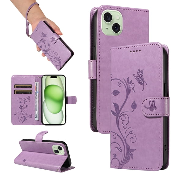 Nalacover Case Wallet for iPhone 15 Plus with Card Slots, Embossed Pattern PU Leather Phone Case for iPhone 15 Plus Kickstand Flip Cover Detachable Wrist Strap Magnetic Closure Folio Case,Purple