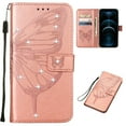thumbnail image 1 of Nalacover Case Wallet for iPhone 15 Pro Max with Wrist Hand Strap, Rhinestone Design Butterfly Flower Pattern Purse Case with Card Holder Kickstand, PU Leather Magnetic Clasp Shockproof Cover,Rosegold, 1 of 6