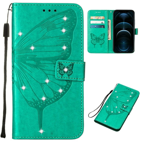 Nalacover Case Wallet for iPhone 15 Pro Max with Wrist Hand Strap, Rhinestone Design Butterfly Flower Pattern Purse Case with Card Holder Kickstand, PU Leather Magnetic Clasp Shockproof Cover, Green