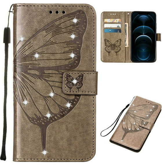 Nalacover Case Wallet for iPhone 15 Pro with Wrist Hand Strap, Rhinestone Design Butterfly Flower Pattern Purse Case with Card Holder Kickstand, PU Leather Magnetic Clasp Shockproof Cover, Gray