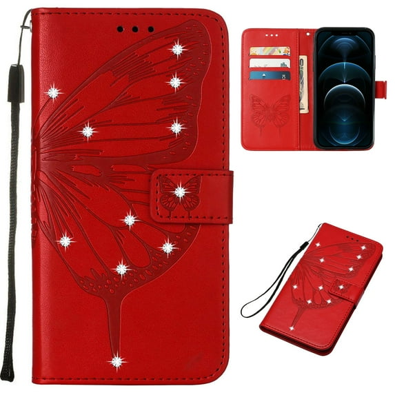 Nalacover Case Wallet for iPhone 15 with Wrist Hand Strap, Rhinestone Design Butterfly Flower Pattern Purse Case with Card Holder Kickstand, PU Leather Magnetic Clasp Shockproof Cover, Red