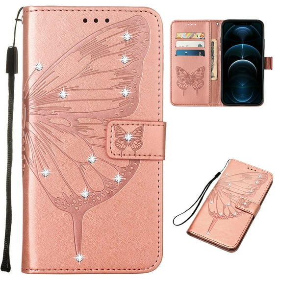 Nalacover Case Wallet for iPhone 15 with Wrist Hand Strap, Rhinestone Design Butterfly Flower Pattern Purse Case with Card Holder Kickstand, PU Leather Magnetic Clasp Shockproof Cover,Rosegold