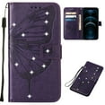 thumbnail image 1 of Nalacover Case Wallet for iPhone 15 with Wrist Hand Strap, Rhinestone Design Butterfly Flower Pattern Purse Case with Card Holder Kickstand, PU Leather Magnetic Clasp Shockproof Cover, Purple, 1 of 6