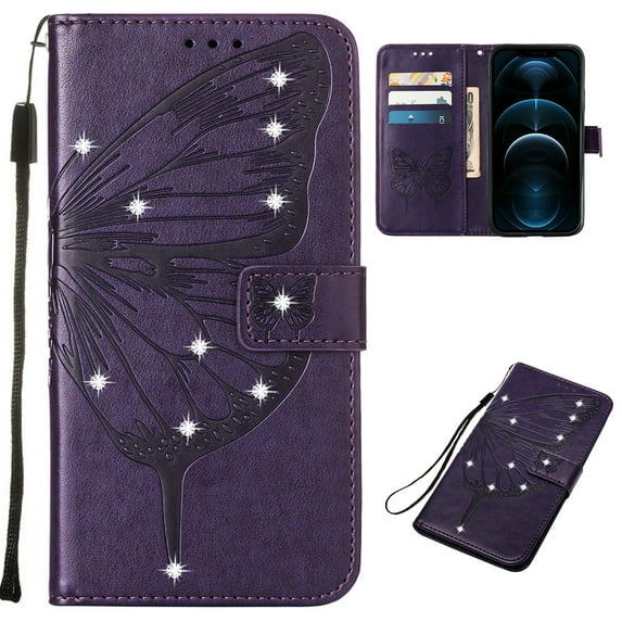 Nalacover Case Wallet for iPhone 15 with Wrist Hand Strap, Rhinestone Design Butterfly Flower Pattern Purse Case with Card Holder Kickstand, PU Leather Magnetic Clasp Shockproof Cover, Purple