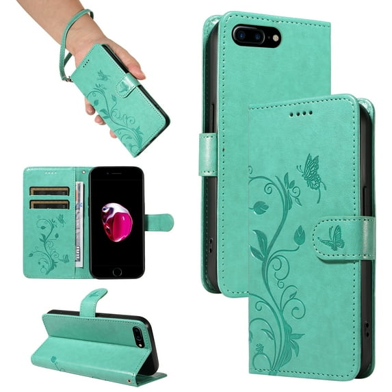 Nalacover Case Wallet for iPhone 8 Plus / iPhone 7 Plus with Card Slots, Embossed Pattern PU Leather Phone Case Kickstand Flip Cover Detachable Wrist Strap Magnetic Closure Folio Case, Green