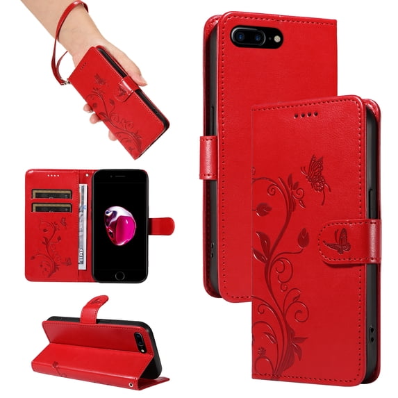 Nalacover Case Wallet for iPhone 8 Plus / iPhone 7 Plus with Card Slots, Embossed Pattern PU Leather Phone Case Kickstand Flip Cover Detachable Wrist Strap Magnetic Closure Folio Case, Red