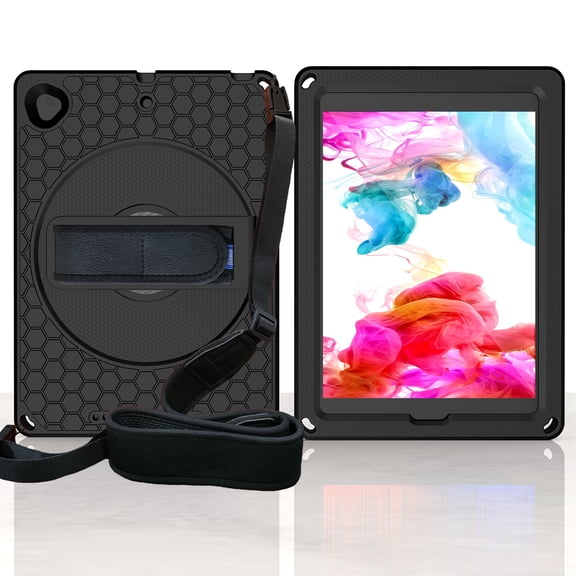 Nalacover Case for iPad 9th/8th/7th Gen 10.2" 2021/2020/2019 with Rotating Stand & Handle & Shoulder Strap, Military Grade Heavy Duty Silicone Rugged PC Protection Tablet Cover, Black