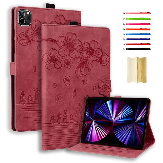Nalacover Case for iPad Pro 11 2021/2020/2018 / Air 5 / Air 4, Flower Embossed Pattern PU Leather Flip Cover with Card Slots Holder Auto Wake/Sleep Kickstand TPU Shockproof Case, Winered
